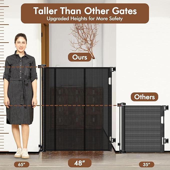 Reinforced 48" Extra Tall X 100" Extra Wide Retractable Baby Gate for Large Openings Extra Tall Dog Gates for Doorways Extra Long Baby Gate Mesh Large Dog Gate Indoor Pet Gate for Cats, Black