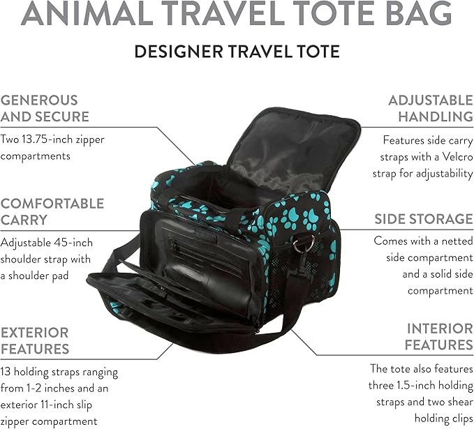 WAHL Professional Animal Travel Tote Bag with Zipper - Travel Bag - Storage Pack for Grooming Supplies - for Dog, Cat & Pet Groomers - 28.8 Inches, Turquoise Paw Print Design (#97764-300)