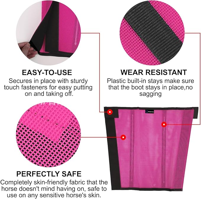 FOXLVDA Horse Fly Boots - Fly Boots for Horses Set of 4, Comfortable Horse Leggings, Mesh Material Design with Metal Support Bars for Reduces Stomping & Leg Fatigue (Pink, Medium)