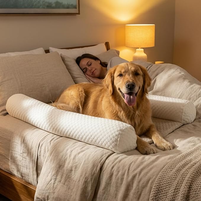 DenMate - On-Bed Dog Bed for Medium/Large Dogs (26x40), Stabilizing 100% Cotton Bolsters for Night Movement, Improves Comfort & Sleep for Dogs & Owners, Machine Washable Pet Mattress (White)
