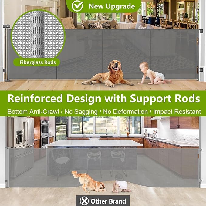 Reinforced 42" Extra Tall Pet Gate 155" Extra Wide Retractable Baby Gate with Support Rods - Prevent Crawling Under, Indoor/Outdoor Mesh Safety Gate Extra Wide Dog Gate Tall Baby Gates for Dogs, Gray