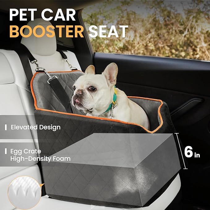 HiPetpy Dog Car Seat for Small Dog, Booster Seat for Dogs Under 30lb, Elevated Pet Seat with Pockets, Anti-Slip Bed for Car, Perfect for Front & Back Seats with Safety Leash (Black/Grey, Medium)
