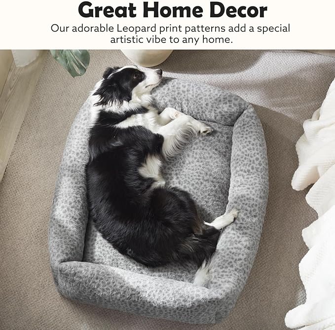 JOEJOY Dog Bed Medium Size Dog, Removable Washable Cover Orthopedic Soft Pet Bed, Anti-Slip Fluffy Plush Faux Rabbit Fur Puppy Bed, 30"x24"x8", Leopard Print, Grey