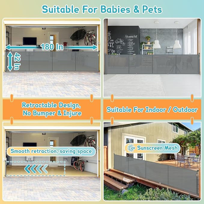 180'' Retractable Baby Gates Extra Wide for Stairs,42" Extra Tall Retractable Dog Gate for Doorways, Deck, 15 Foot Indoor/Outdoor Retractable Gate with Reinforced Rods, Grey Retractable Garage Gate