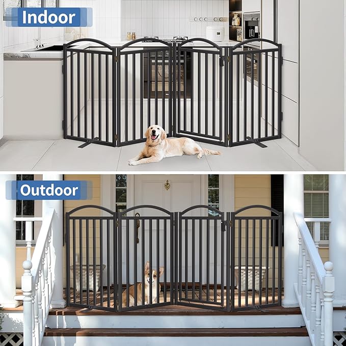Malier Metal Freestanding Dog Gates with Door, 36'' Height Outdoor Indoor Dog Fences, Extra Wide Foldable Puppy Gate for Stairs (Black, 【4 Panels with Door】 80''W × 36''H)