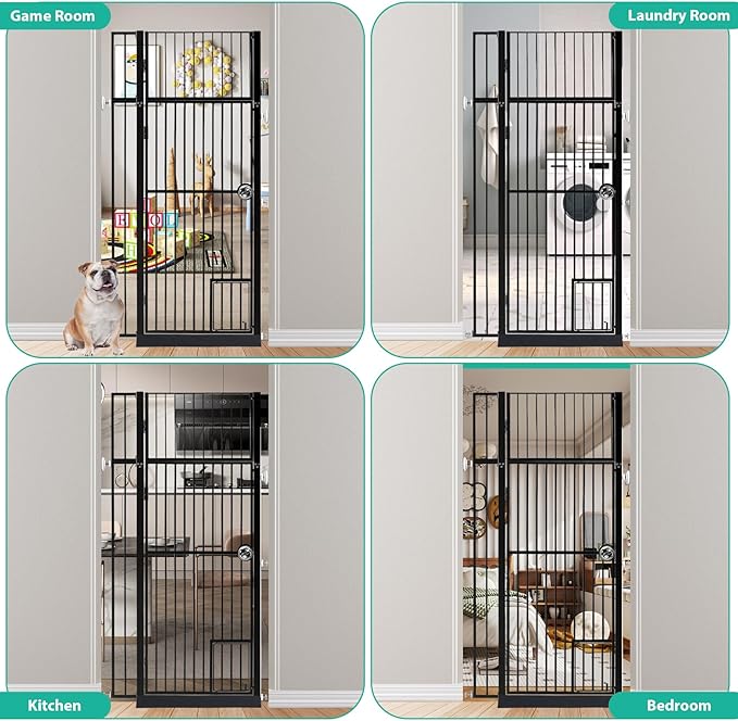 71" Extra Tall Pet Gate with Cat Door, Fits for 28.7"&37.5" Extra Wide Pressure Mounted Pet Barrier Auto-Close Safety Cat Gate with Walk Through Door Latch,Black, No Drill