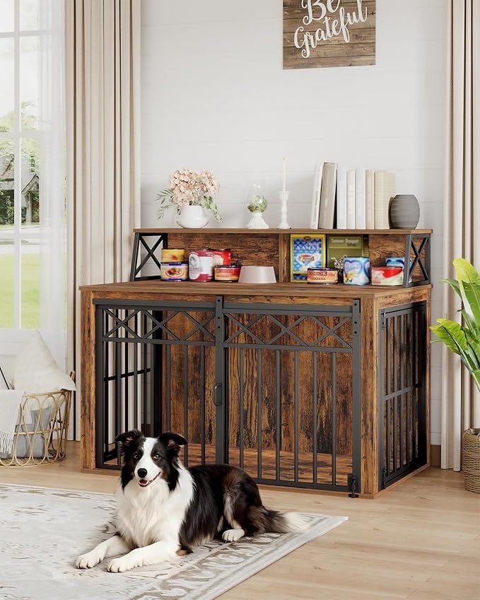 Hzuaneri 39.4'' Dog Crate Furniture, Large Wooden Dog Crate with Storage and 3 Doors, Indoor Kennel for Medium/Large Dogs, End Table with Barn Door, Chew-Proof and Escape-Proof, Rustic Brown DFC87401B