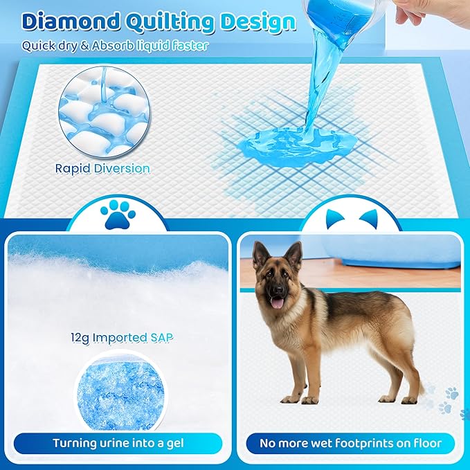 Upgrade Leak-Proof Pet Training and Puppy Pads, Jumbo Pee Pads for Dogs with Thicken Polymer Heavy Absorbency, Quick Dry Disposable Pee Pads for Cats Dogs (150, Regular 30''x36'')