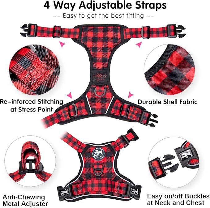 PoyPet No Pull Dog Harness, [Release at Neck] Reflective Adjustable No Choke Pet Vest with Front & Back 2 Leash Attachments, Soft Control Training Handle, Plaid(Checkered Red, L)
