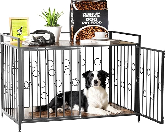 Medium Dog Crate Furniture Style, 42/48 inch Dog Crates for Medium Large Dogs, Indoor Decorative Wood Dog Crate Table with Storage Shelf, Unique Round Sturdy Pet Dog Kennel Indoor Furniture