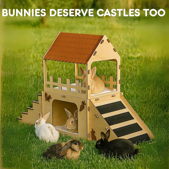 OtterPets Extra Large Bunny Hideout, Cozy Rabbit Castle with Fleece Mats, Wooden Rabbit Hideout, Bunny House Indoor Indoor, Chinchilla, Guinea Pig House (Pet Safe Wood Joints)