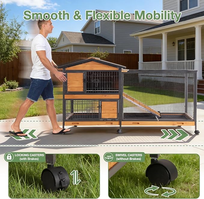 Large Rabbit Hutch Indoor Outdoor, Wooden Bunny Cage with Metal Frame, Chew-Proof Ramp, 3 Leakproof Pull-Out Trays, Rolling Wheels with Locks, Multi-Door Easy Access Small Animal Cage