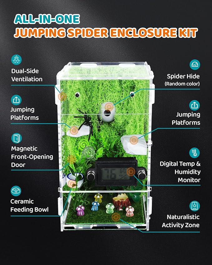 DIY Jumping Spider Enclosure, 4.7"x4.7"x7.9" Escape-Proof Spider Terrarium, Small Invertebrate Acrylic Accessories Set, with Temperature and Humidity Detector, Platform and Hide, Tweezer, Feeding Bowl