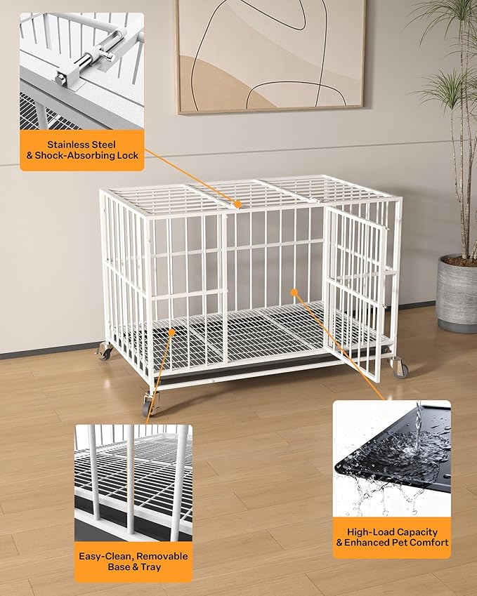 48 in White Heavy Duty Dog Crate Steel Escape Proof, Indoor Double Doors and Lockable Wheels,Removable Tray, for Dog Breeds,XL,XXL