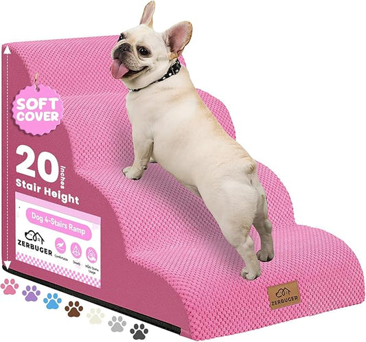 Zerbuger Dog Ramp and Stair for Bed 16" H-20 H,3-Step Cat Stair for Sofa and Chair,4-Step Dog Ramp for High Bed and Window,Durable Nonslip Fabric Cover for Indoor (Pink-20 H, Pet Friendly, 4)
