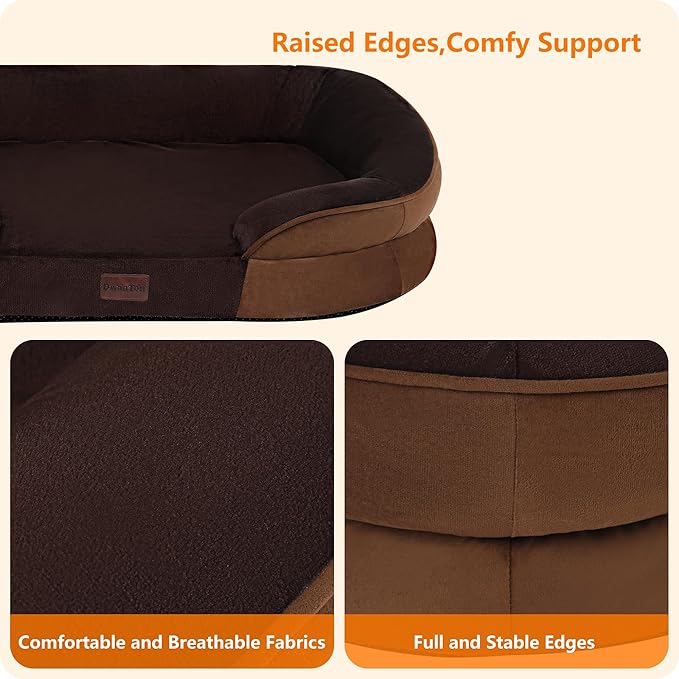 Dwanton Orthopedic Dog Bed for Medium Dogs with Gel Memory Foam, Waterproof Dog Sofa, Washable Pet Bed with Four Sided Bolster Cushion, Removable Cover & Non-Slip Bottom, 36", Brown