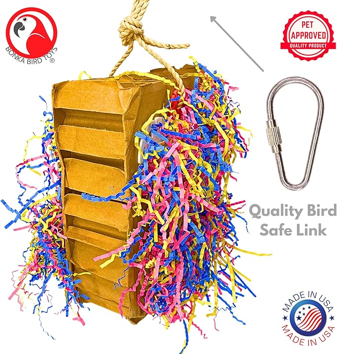 Bonka Bird Toys 3805 Extra Large Harry Box 17" x 7.5" Cardboard Shredding Toy with Sisal Rope for Chewing Foraging Medium to Large Birds Amazon, African Grey, Eclectus, and Similar