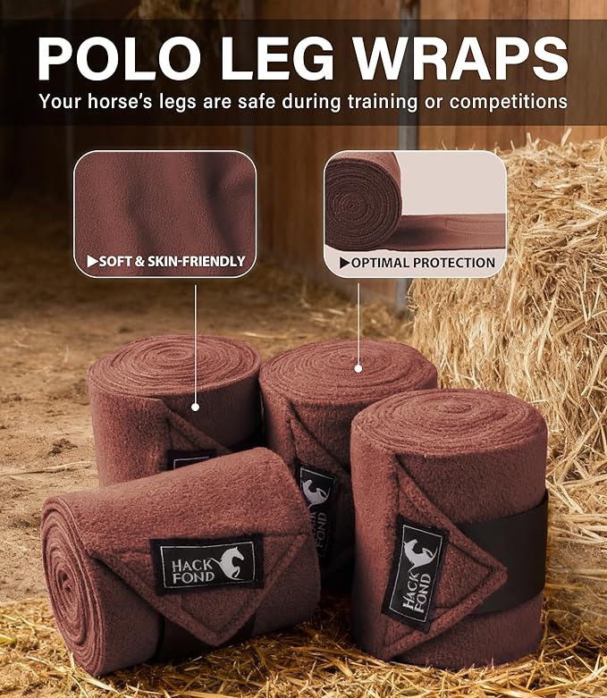Fleece Horse Polo Leg Wraps Set of 4, 10' Horse Leg Bandages Stable Supplies Equestrian Boots Dark Brown