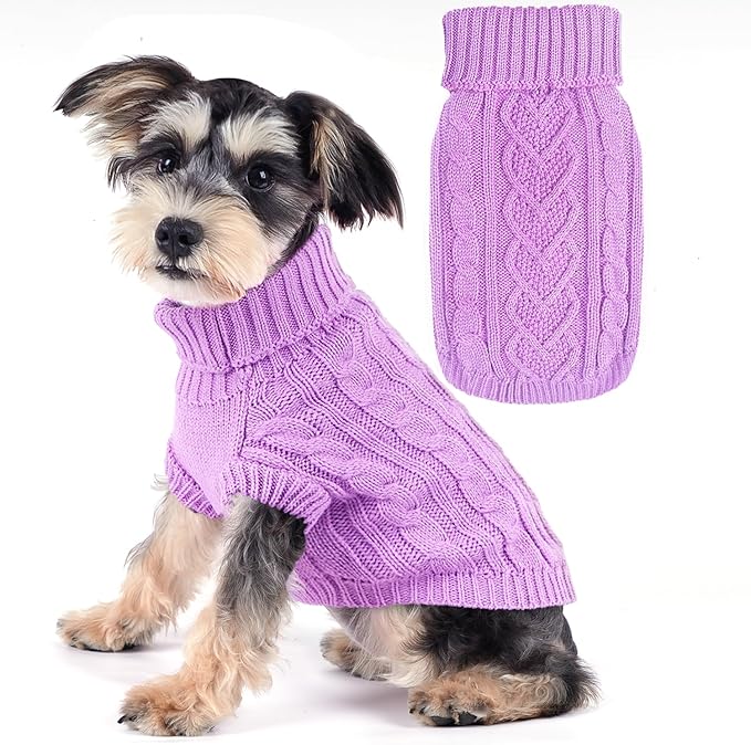 Knitted Dog Sweater Winter Dog Sweaters for Small Dogs Girl Fall Puppy Clothes Turtleneck Design Pet Pullover Knitwear Warm and Soft Doggy Coat Stretchy Cat Sweater Pet Clothes (Purple, Large)