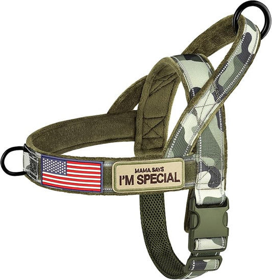 Forestpaw No Pull Dog Harness with Large Handle,Slip on Reflective Vest with Quick Release Buckle,Comfortable Flannel Lining for Medium Large Dogs Walking Training (Includes 3 Patches),Green Camo XL