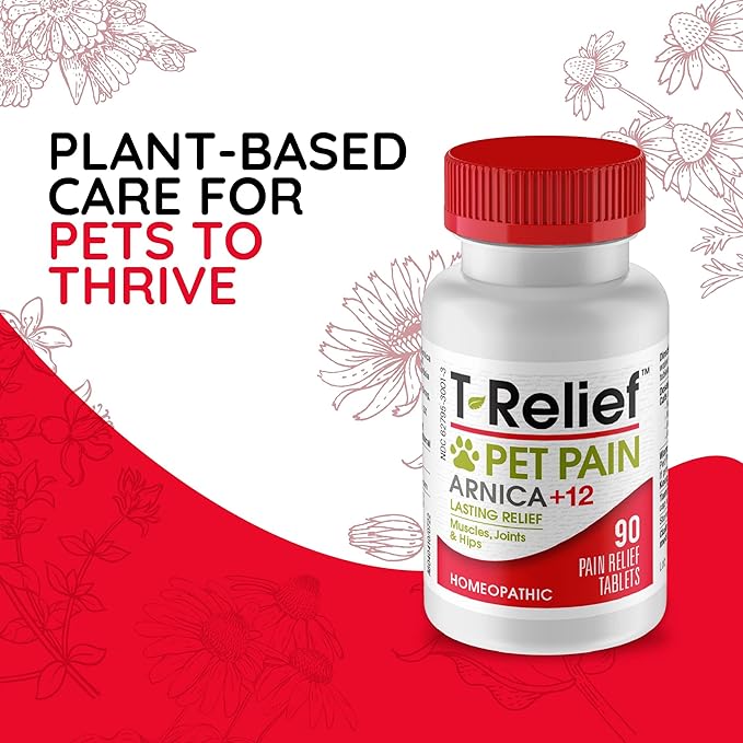 T-Relief Pet Pain Relief Arnica +12 Powerful Natural Medicines Help Ease Muscle Joint & Hip Pain Soreness Stiffness & Injuries Max Fast-Acting Soother for Dogs & Cats - 90 Tablets (2 Pack)