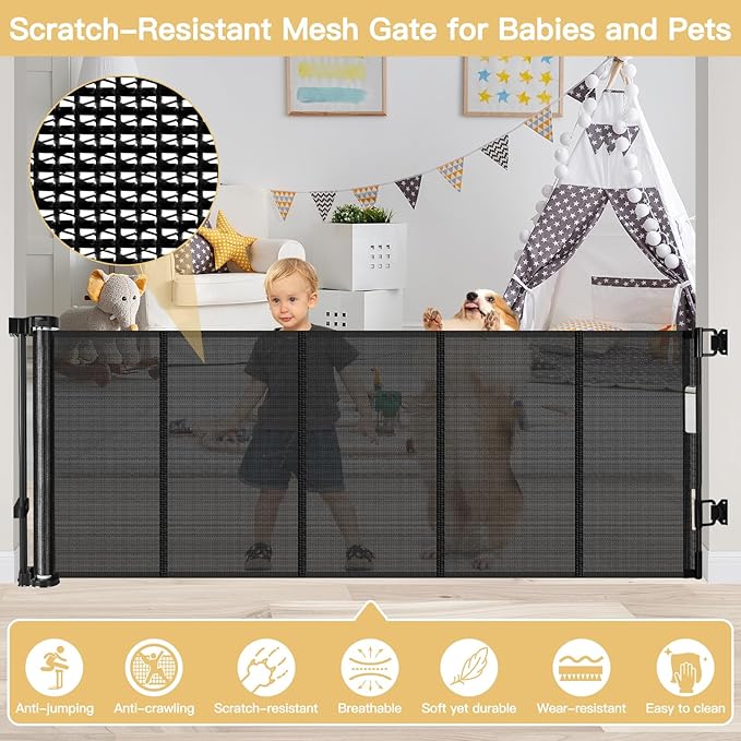 Reinforced 28" Tall x 100" Wide Retractable Baby Gates Extra Wide Dog Gate - Easy Step Over, Long Baby Gate Retractable Dog Gate Indoor Safety Gates Outdoor Gates for Decks with Support Rods, Black