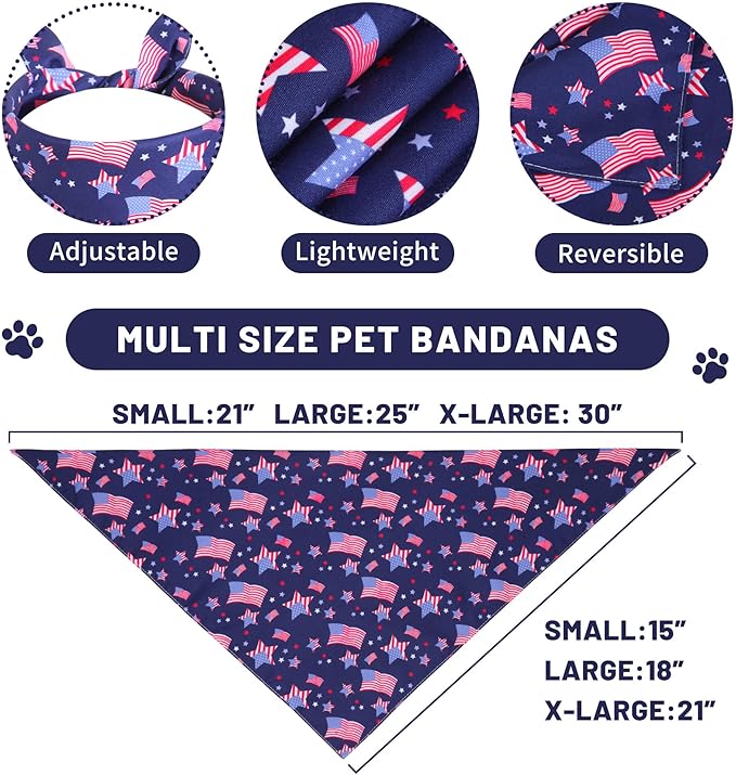 4th of July Dog Bandanas Large 2PCS, American Flag Patriotic Scarf, Independence Holiday Bandana,Premium Durable Triangle Reversible USA Bandana for Medium Large Dogs Cats