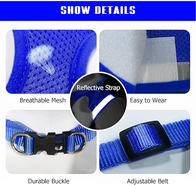 FEimaX Dog Harness and Leash Set for Walking, Soft Mesh Adjustable Easy Control Lightweight Cat Vest Harnesses with Reflective Strips, Escape Proof Small Dogs Cats Vests (Blue, Large)