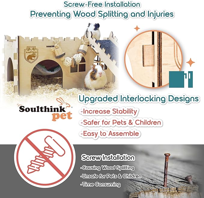 SoulThink® Large Guinea Pig Hideout & House - Easy to Assemble Wooden Guinea Pig Castle with Hammock, Ramp and Toys Accessories Habitat Suitable for Hamsters and Chinchilla