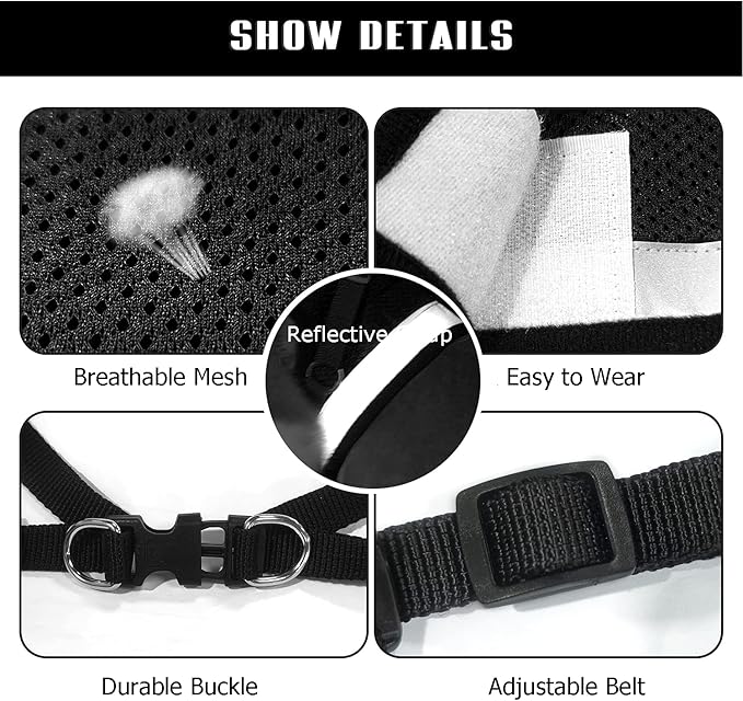 FEimaX Dog Harness and Leash Set for Walking, Soft Mesh Adjustable Easy Control Lightweight Cat Vest Harnesses with Reflective Strips, Escape Proof Small Dogs Cats Vests (Black, Medium)