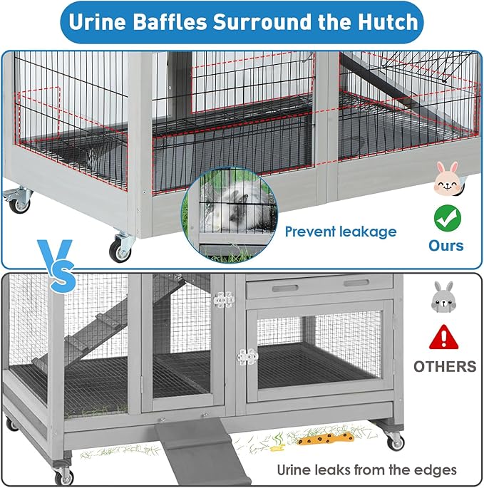 FunXplore Rabbit Hutch Indoor Outdoor Bunny Cage with Urine Guards 2 Storey Mobile Guinea Pig Cage Weatherproof Asphalt Roof Wire Bottom 2 Trays