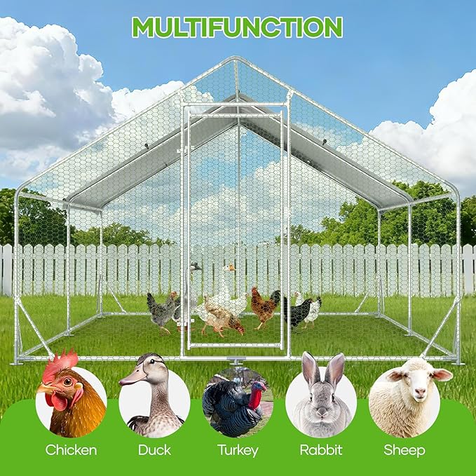 Assark Large Metal Chicken Coop,10x13 FT Walk in Chicken Runs with Cover for 20 Chickens,Hen House Enclosure with Security Lock, Outdoor Duck Rabbit Cage Poultry Pens for Backyard,Farm,Yard