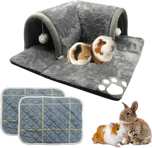 PINVNBY Guinea Pig Hideout Tunnel with Removable Base & 2 Liners and Washable Soft Rabbit Bed & Small Animal Tunnel Tube Cage Accessories for Chinchillas, Hamsters, Ferrets, Bunny（Gray）