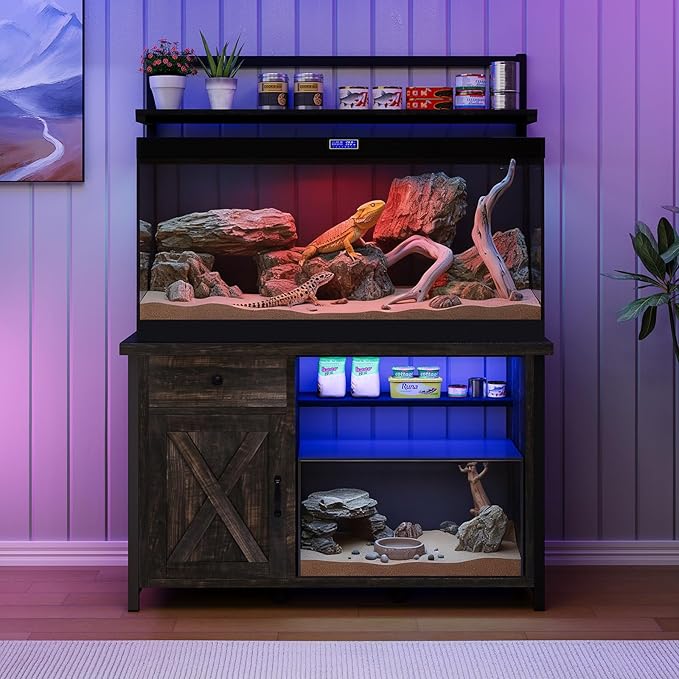 Reptile Tank Stand with Power Outlet, Terrarium Stand with Storage Cabinet, 49" X 20" Tabletop, Aquarium Stand with LED Lights, Reptile Terrarium,Turtle Tank (Oak)