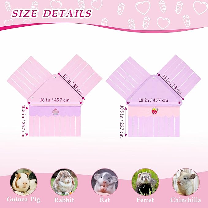 2 PCS Guinea Pig Hideout, Cute Guinea Pig Corner Fleece Forest Hideaway 3-Side Curtain, Rabbit Hammock Toy and House Bed for Bunny, Ferret, Rat and Small Animal Cage Accessories (Pink+Purple)