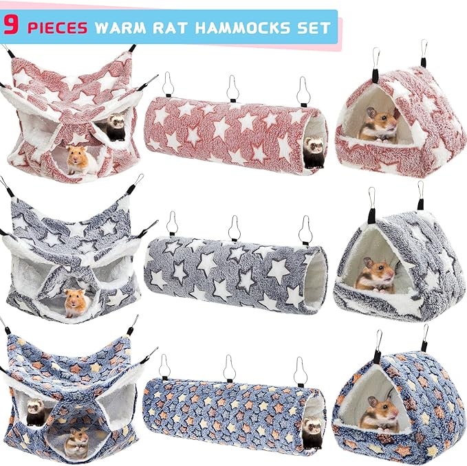 Abbylike 9 Pieces Rat Hammock 3 Tier Guinea Pig Ferret Hammocks Small Pet Hanging Tunnel Glider Toy Guinea Pig Ferret Hideout Bed Cage Accessories for Hamster(Navy,Grey,Pink,Star)