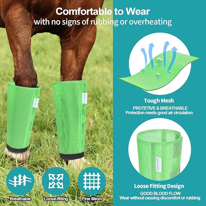 Mesh Horse Fly Boots Set of 4, Loose Fitting Leggings for Horses, Reduce Stressful Stomping, Breathable Adjustable and Universal Fit for 4 Legs, Reliable Stay Put (Green)