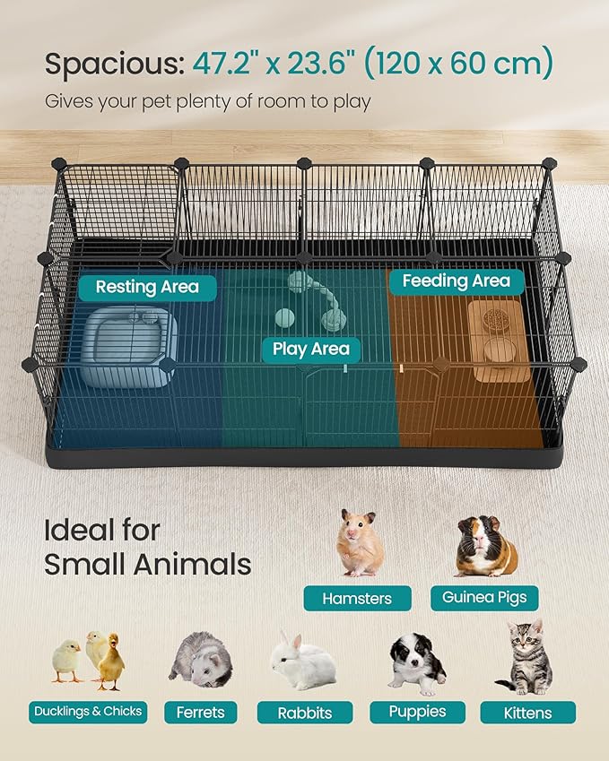 SONGMICS Guinea Pig Cage, Rabbit Cage, Small Animal Playpen with Waterproof Mat, Top and Side Door, 20 Panels, 48.4 x 24.8 x 16.3 Inches, Ink Black ULPI012BH01