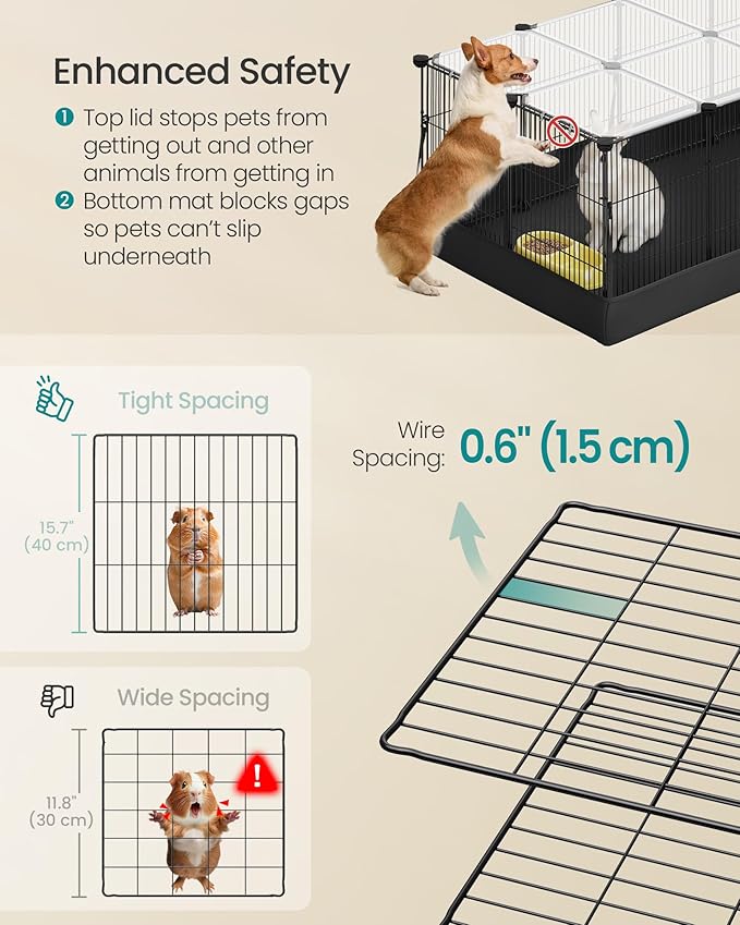 SONGMICS Guinea Pig Cage, Rabbit Cage, Small Animal Playpen with Waterproof Mat, Top and Side Door, 20 Panels, 48.4 x 24.8 x 16.3 Inches, Ink Black ULPI011BH01