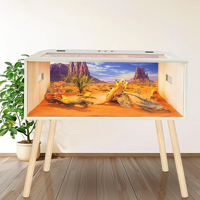 Prolee 80 Gallon Reptile Tank, Tempered Glass Bearded Dragon Tank with Wooden Roof and Lockable Doors, Large Lizard Habitat with Built-in Lamp Fixture for Snakes, Iguanas, Chameleons (Oak)