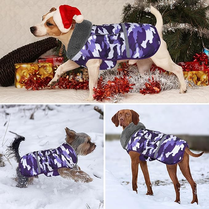 Dogcheer Warm Dog Coat, Waterproof Dog Jacket Christmas Puppy Winter Coat with Buckle, Reflective Adjustable Pet Snow Jacket Turtleneck Fleece Sweater for Small Medium Large Dogs - Camo Purple, XL