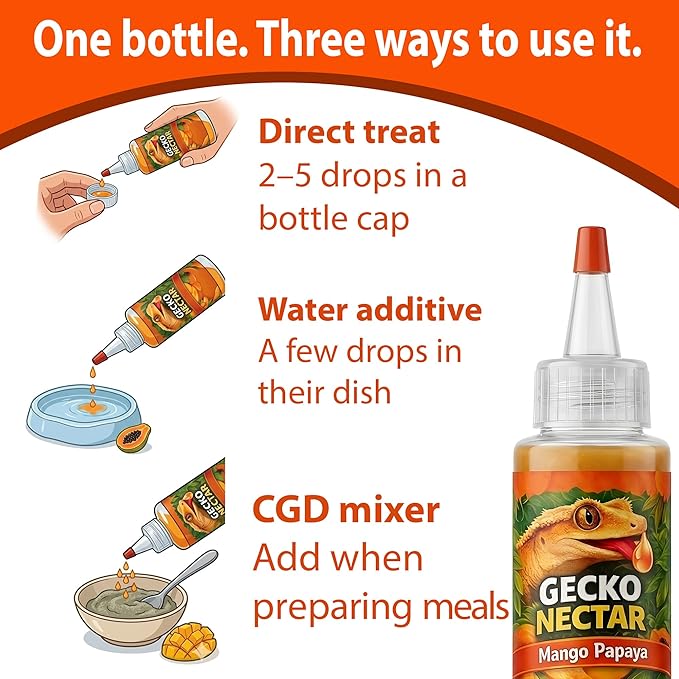 CTWPets Gecko Treat – Liquid Fruit Nectar Drops for Crested Gecko, Day Gecko & Gargoyle Gecko | Treat, Water Additive & CGD Mixer (4oz, Mango Papaya)