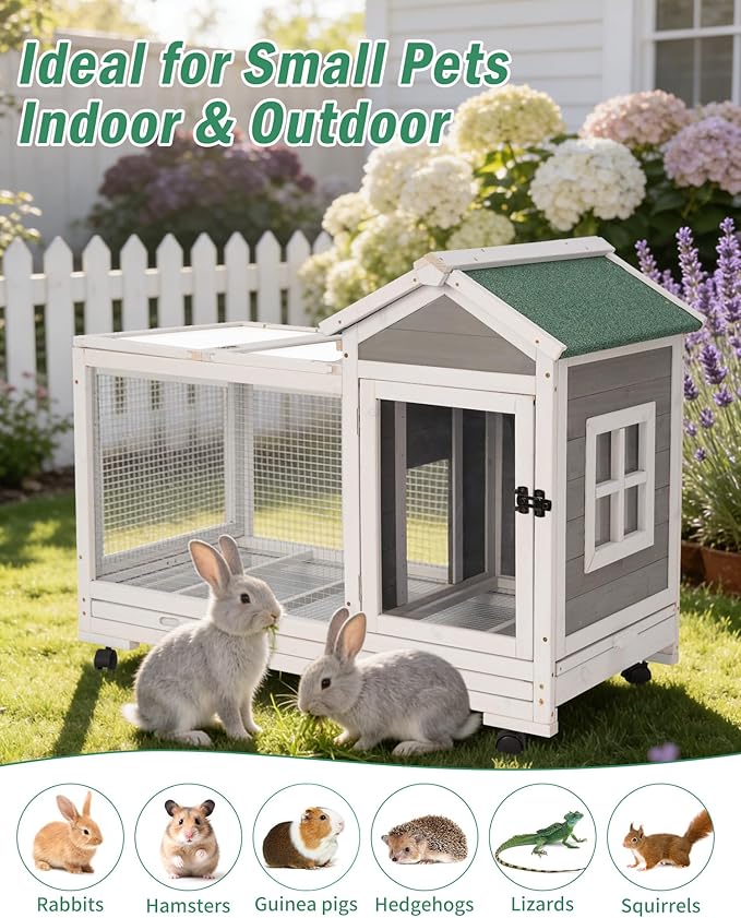 Outdoor Wooden Rabbit Cage:Rabbit Hutch Indoor, Bunny Hutch with Leak-Proof Pull Out Tray&Hideout, Small Animal Cage for Rabbits, Large Guinea Pigs, Portable Habitat with Lockable Wheels