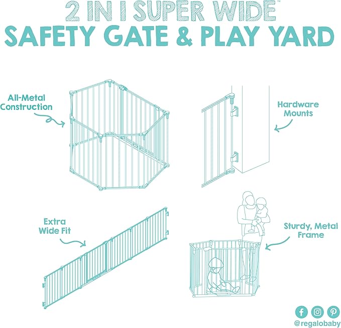 Regalo Safety 144" Super Wide Baby Gate & Play Yard, 2-in-1 Adjustable 6-Panel Safety Gate for Doorways & Large Openings, Hardware Mounted Gate for Babies, Toddlers & Pets