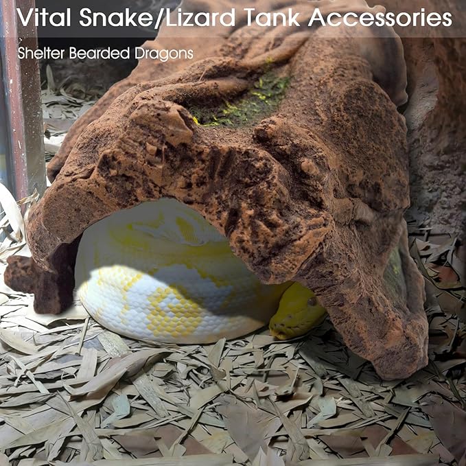Lizard Snake or Reptile Hide, Large Hollow Log Snake Hideout for Ball Python Bearded Dragon and Gecko Eco-Friendly Resin Tank Accessory with Basking Platform & Multi-Functional Décor