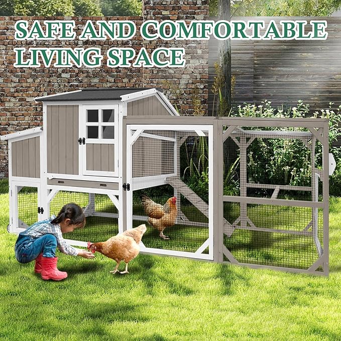 Large Chicken Coop with Run & Wheels, Portable Outdoor Hen House for 3-6 Chickens, 3 Nesting Boxes, Quail Hutch & Poultry Cage, Removable Tray & Ramp (95.3" L Grey)