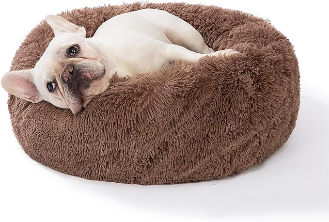SAVFOX 23 inches Calming Donut Dog Bed - 3X Durable Plush Faux Fur, Machine Washable & Non-Slip, Fits up to 25 lbs, Brown