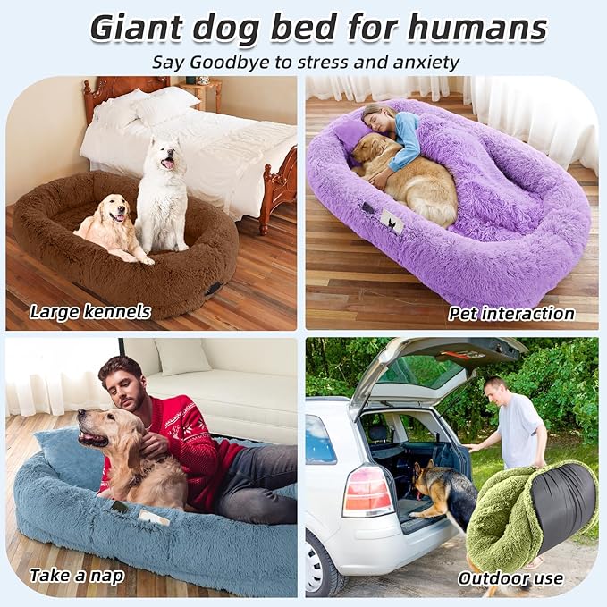 Human Dog Bed, 71''x45''x12'' Size Fits You and Pets, Washable Faux Fur Pet Bed for People Doze Off, Napping Orthopedic Dog Bed, Present Plump Pillow, Blanket, Strap - Navy