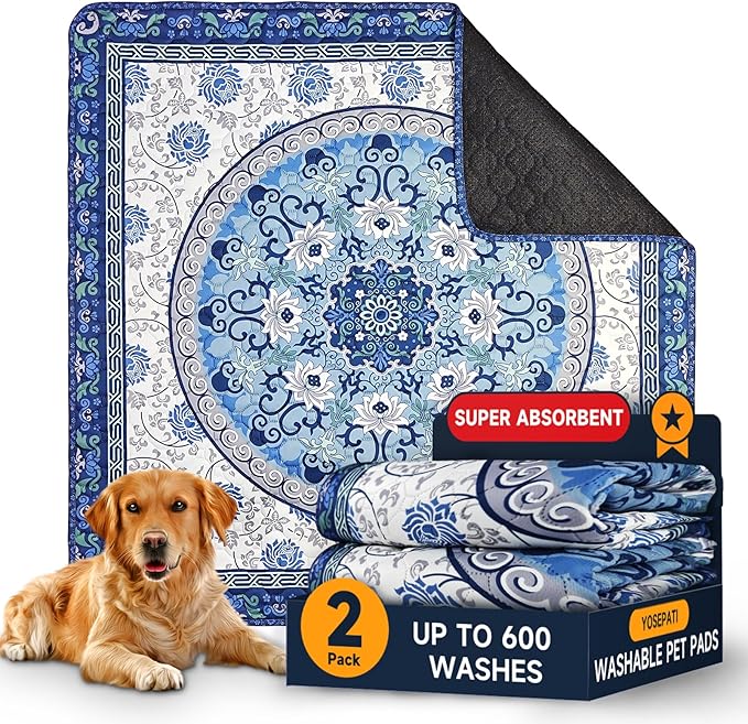 Washable Pee Pads for Dogs 2 Pack,36"x41" Waterproof Non-Slip Reusable Puppy Pad with Fast Absorbent,Leakproof Whelping Pads for Pet Housebreaking (Indigo Blue Medallion, 36"x41"(Pack of 2))