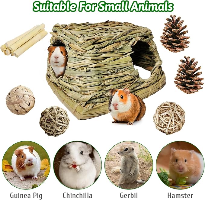 PINVNBY Guinea Pig Grass House Bunny Hay Hideout Tunnel Small Pet Straw Hut with Chew Toys for Bunny Hamster Rat Chinchilla Hedgehog Gerbil (Ball at Random)